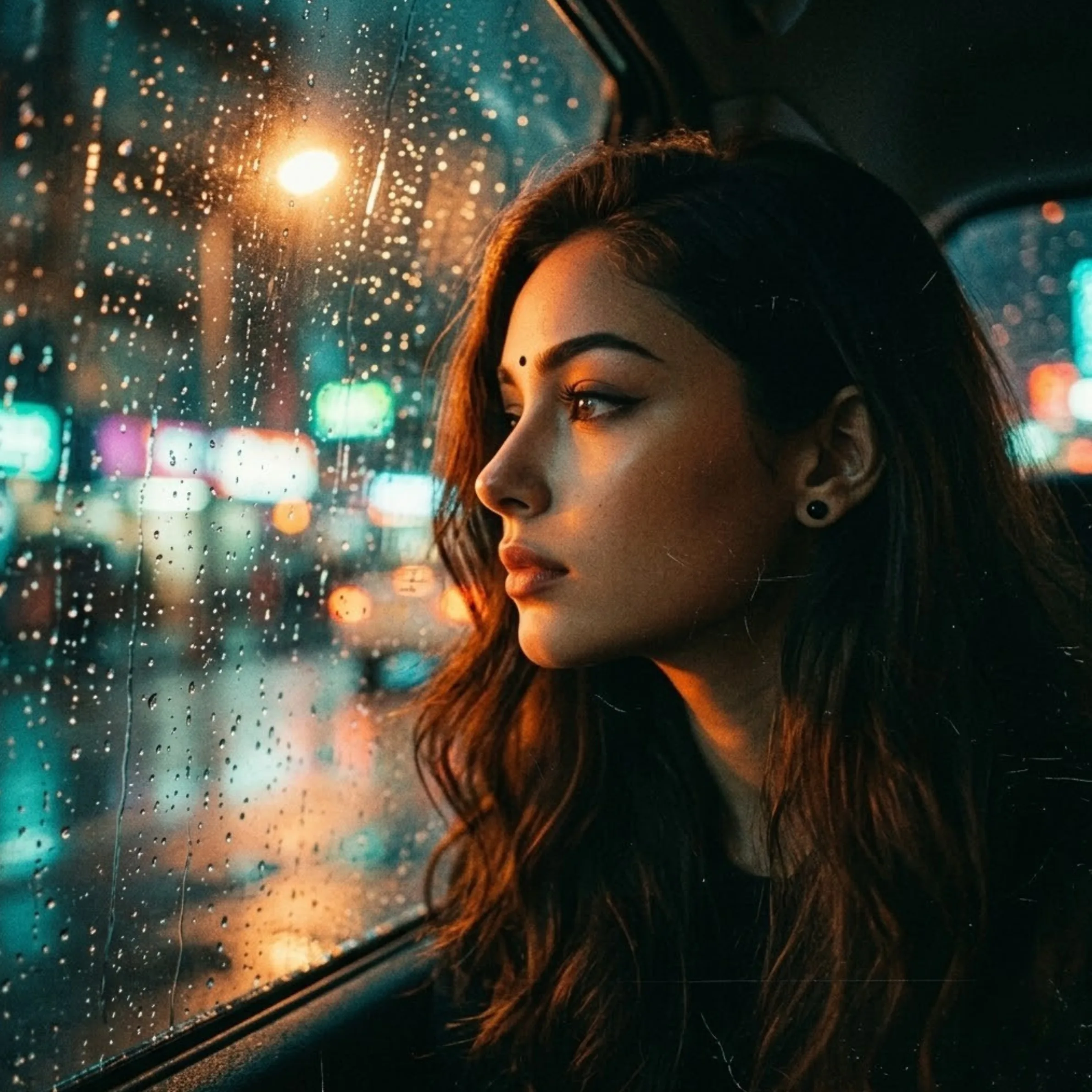 Rain-Covered Window Melancholy AI prompt example